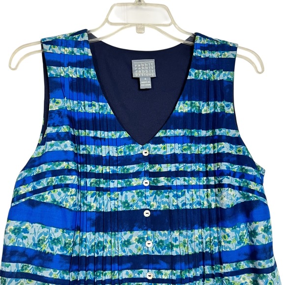 Rabbit Rabbit Rabbit‎ Designs Blue Floral Stripe Sleeveless Dress Pintuck Pleats - Picture 2 of 10